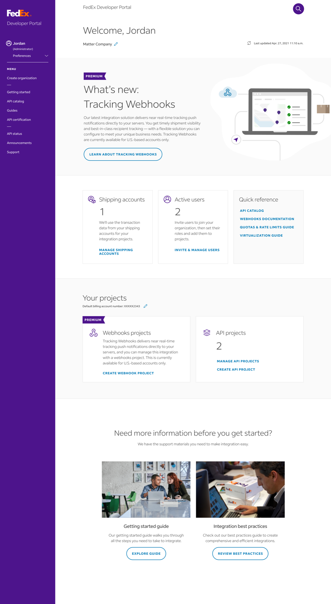 FedEx Developer Portal — one API project created with growing team