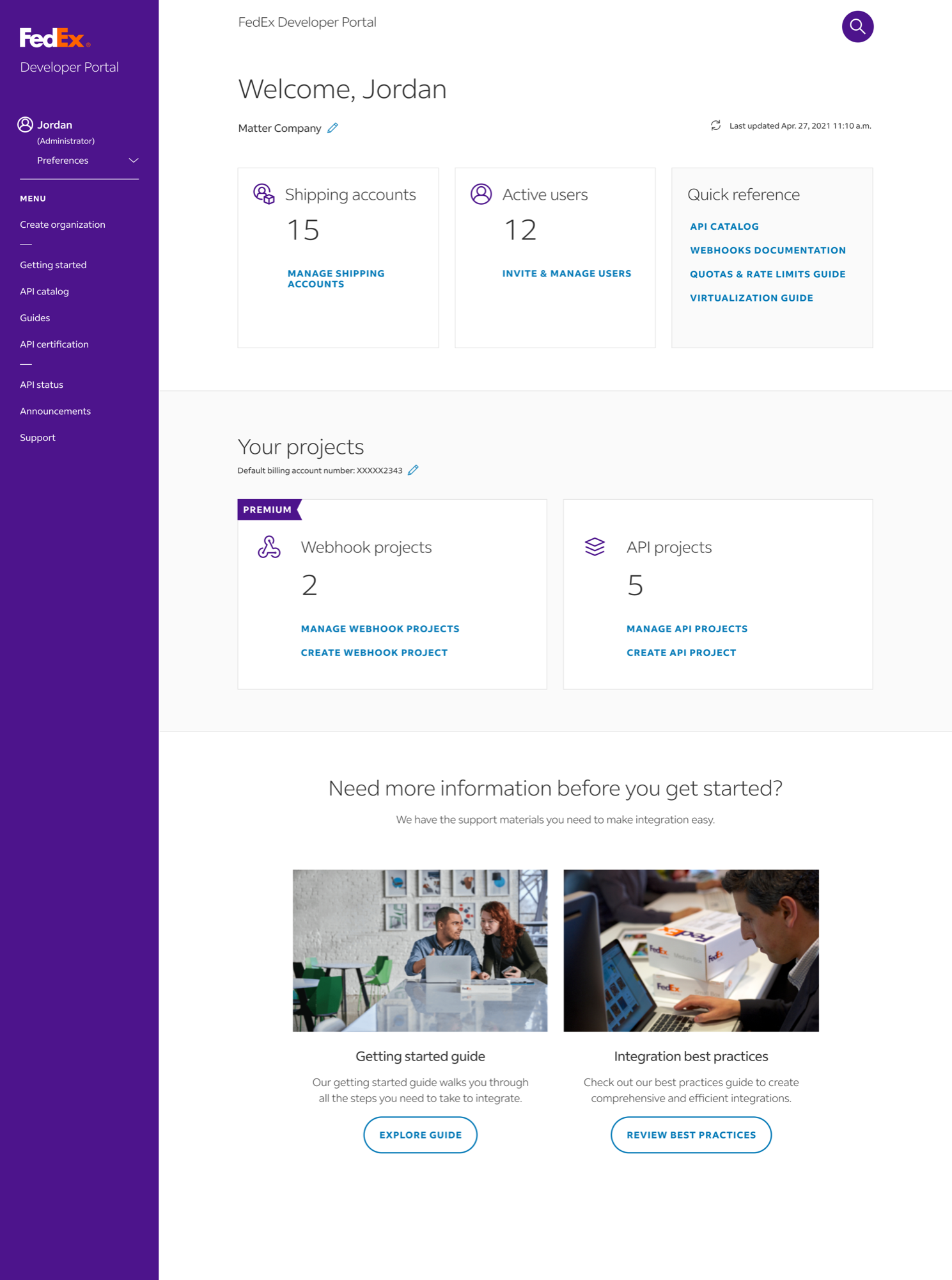 FedEx Developer Portal — mature state with multiple API and webhook projects
