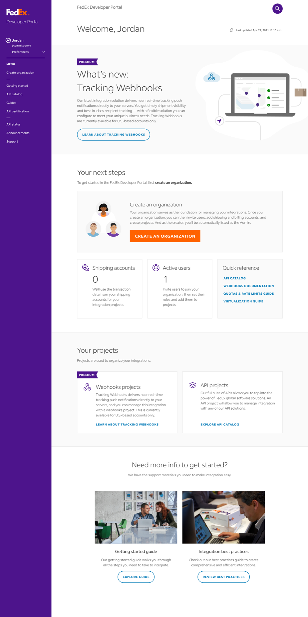 FedEx Developer Portal — first login state with no organization created