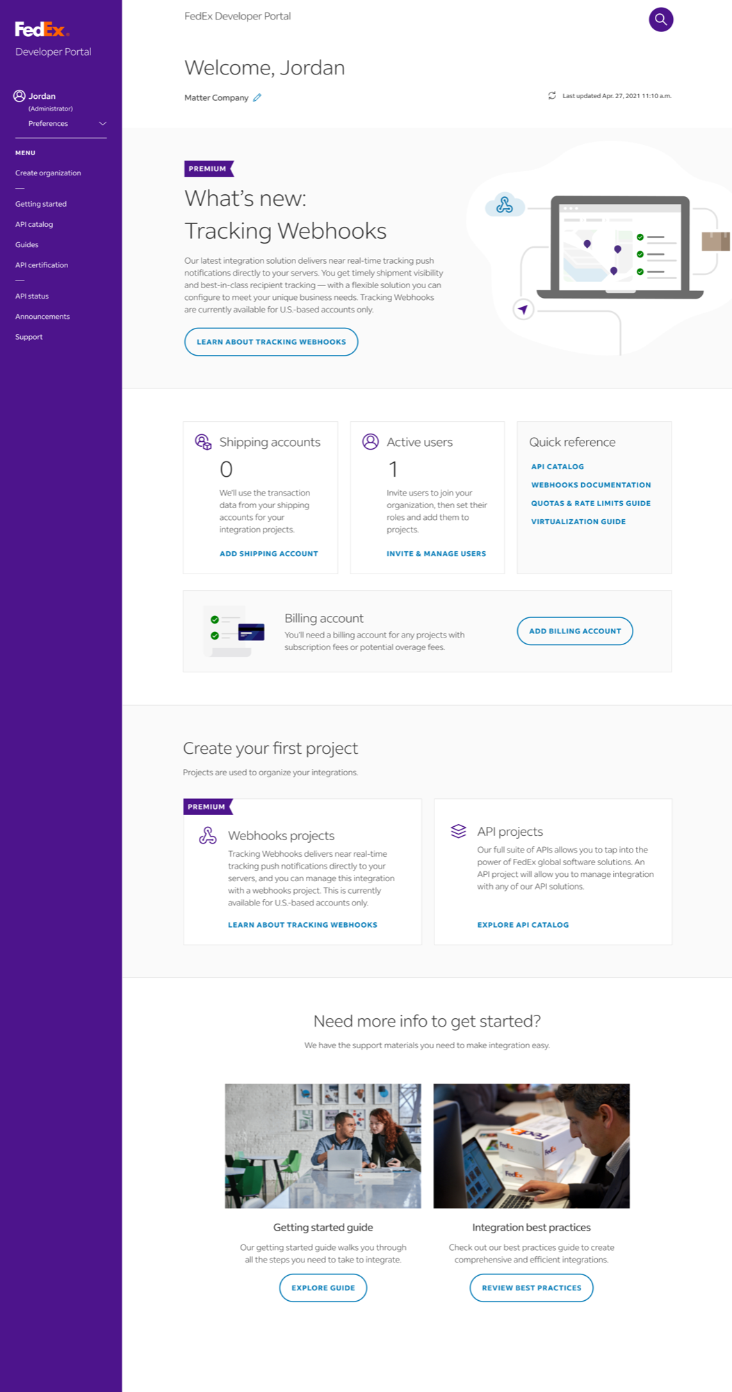 FedEx Developer Portal — organization created, prompting first project setup