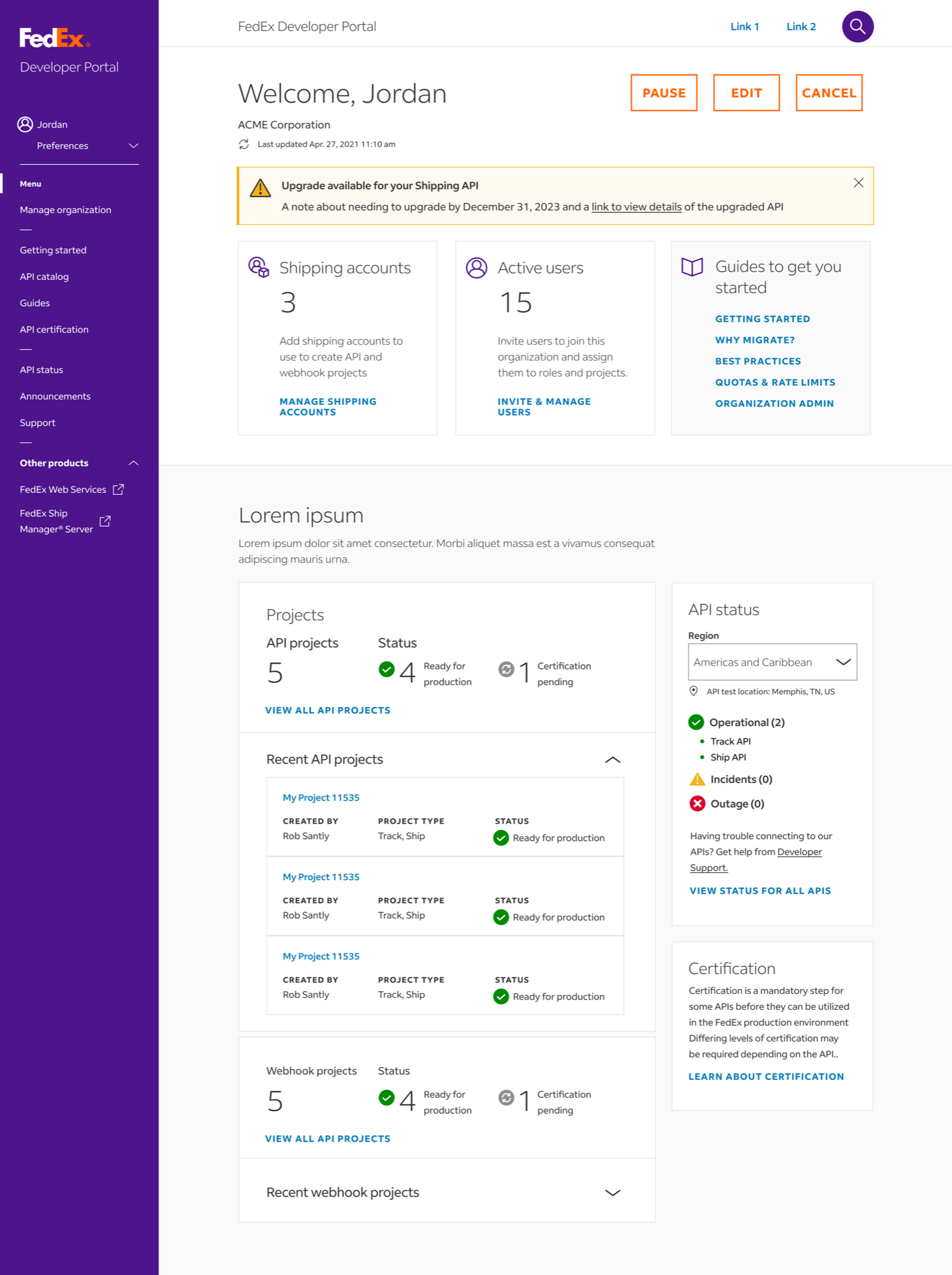 FedEx Developer Portal — fully established organization with project management and API status