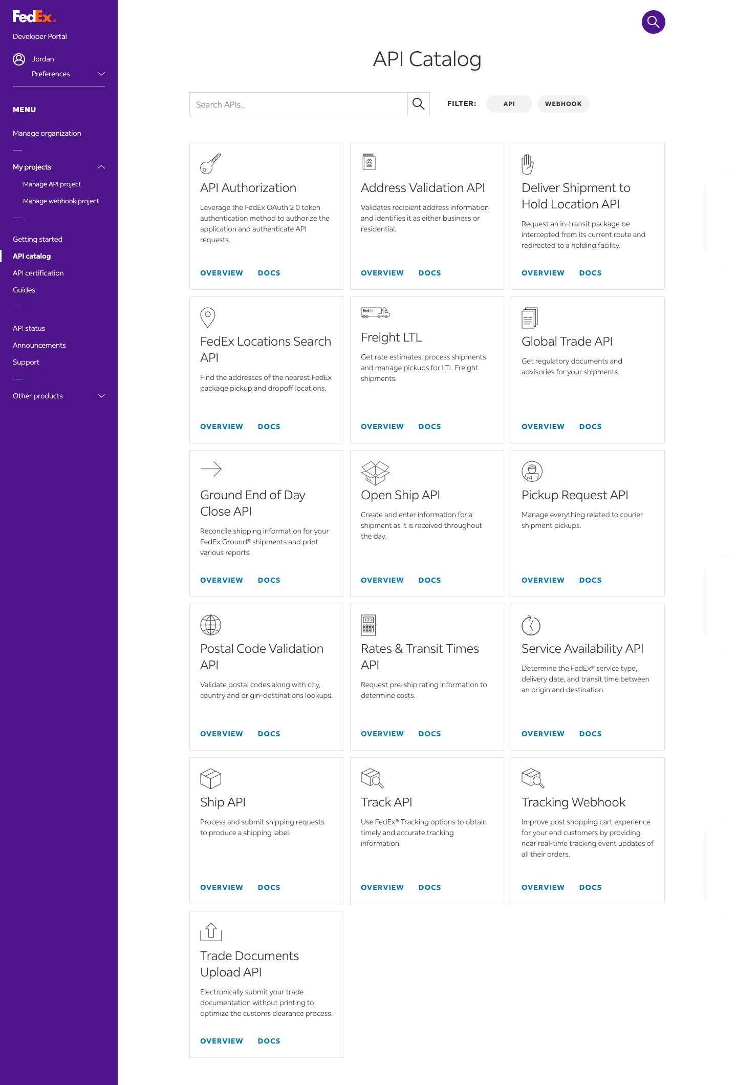 FedEx API Catalog page