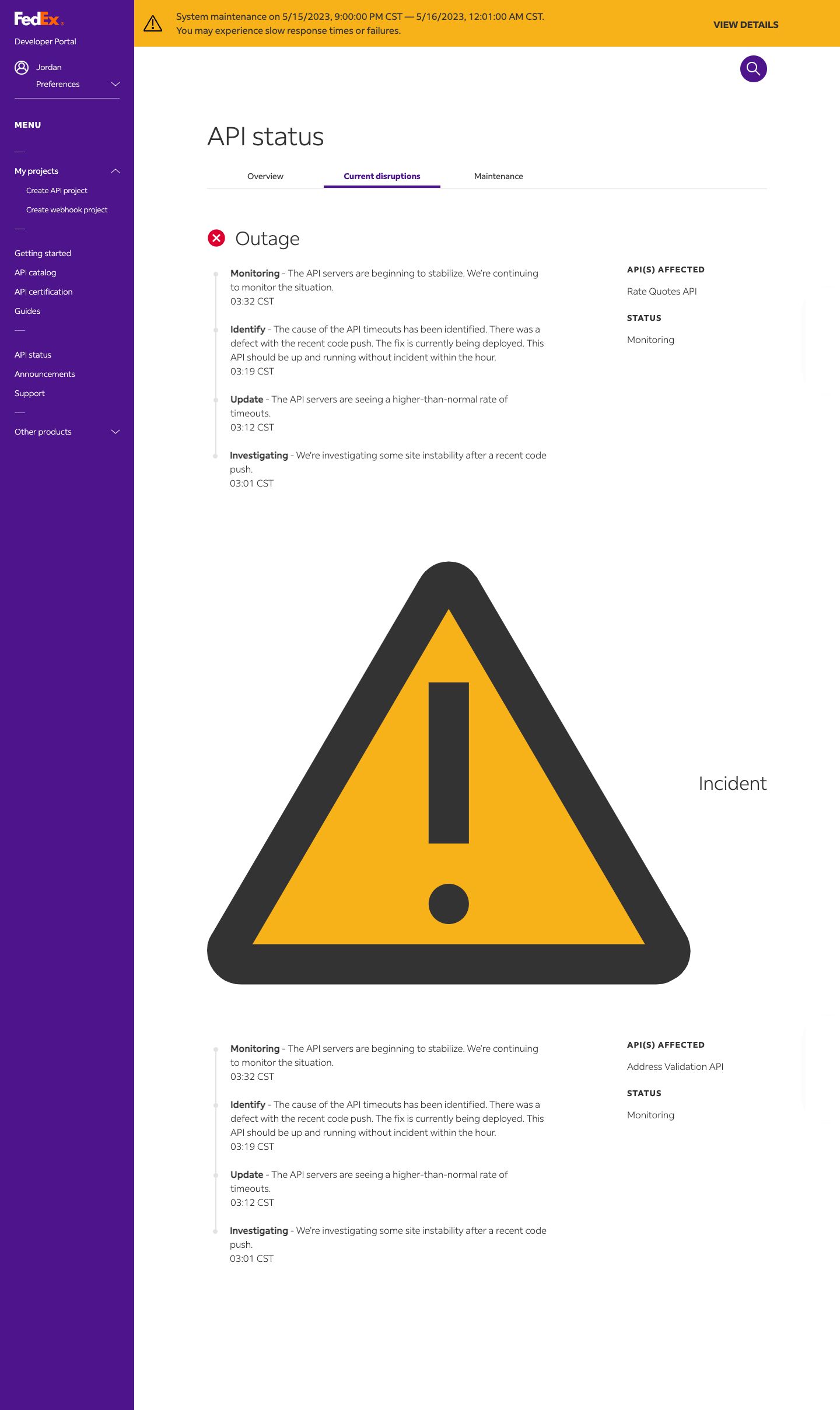 API status current disruptions