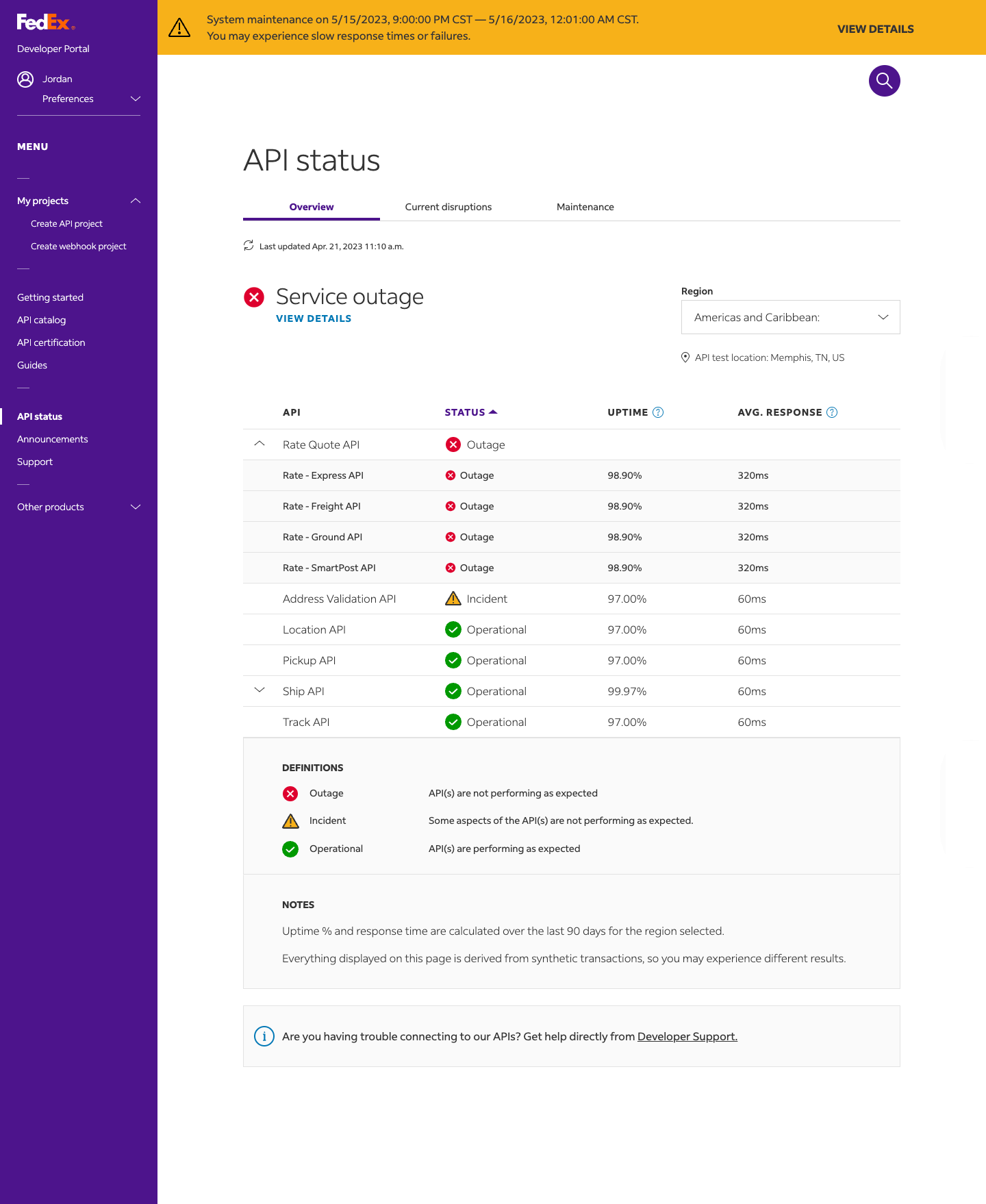 API status dashboard