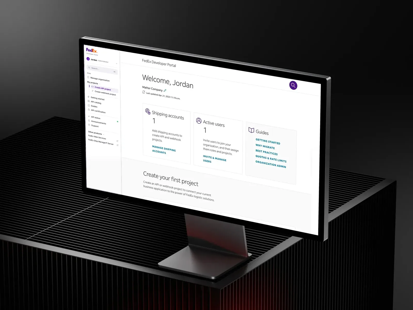 FedEx Developer Platform dashboard on a monitor