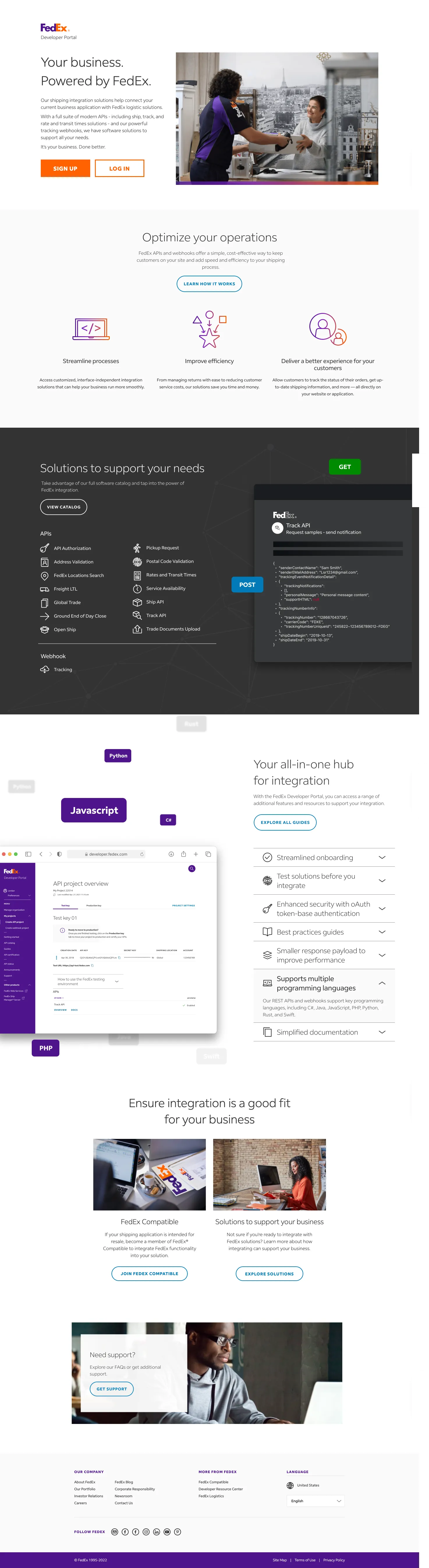 FedEx Developer Platform pre-login homepage