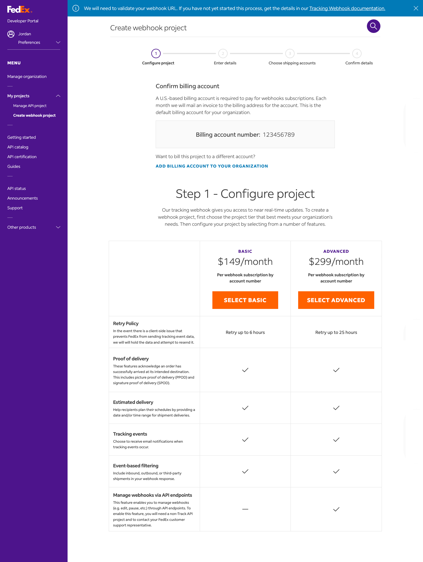 Webhook create step 1