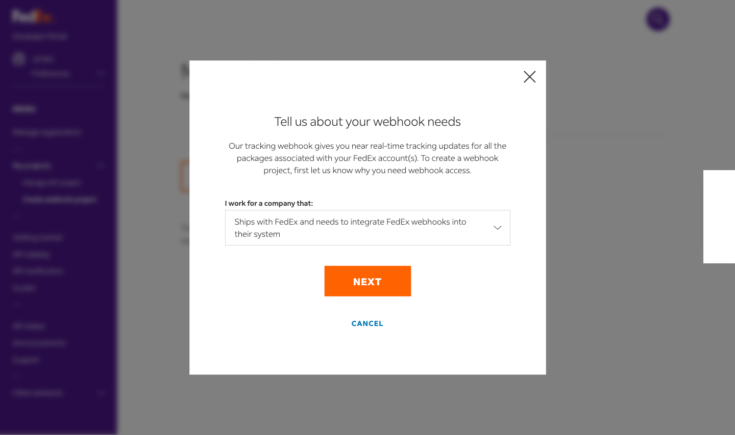 Webhook project list, empty state