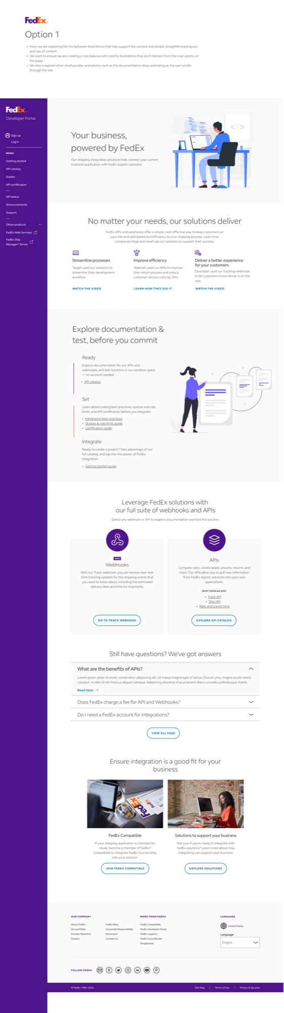 FedEx Developer Portal homepage concept with annotated design decisions