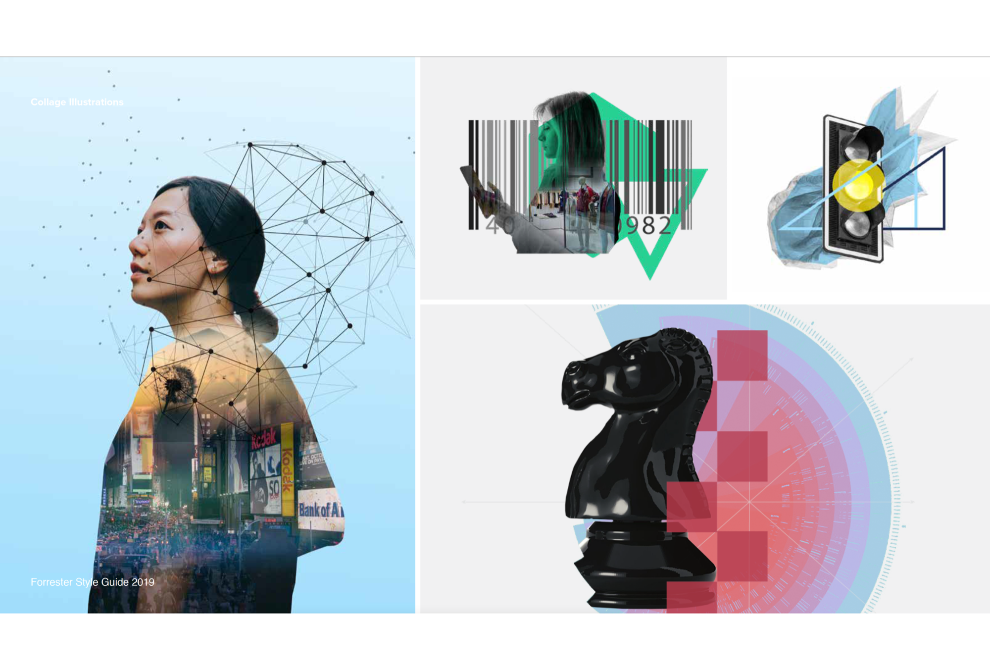 Forrester collage illustration examples — double exposure portraits blended with data visualizations and urban photography