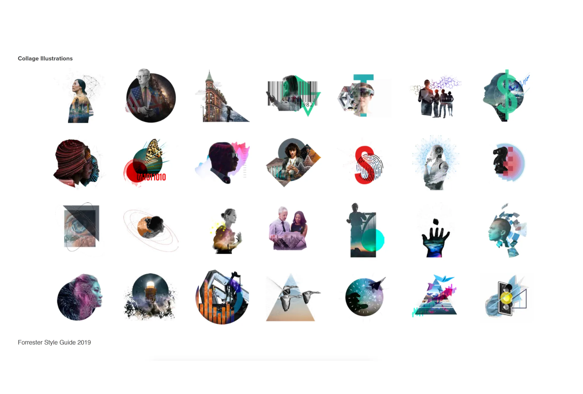 Forrester collage illustration library showing 28 unique compositions spanning research topics from AI to retail to cybersecurity