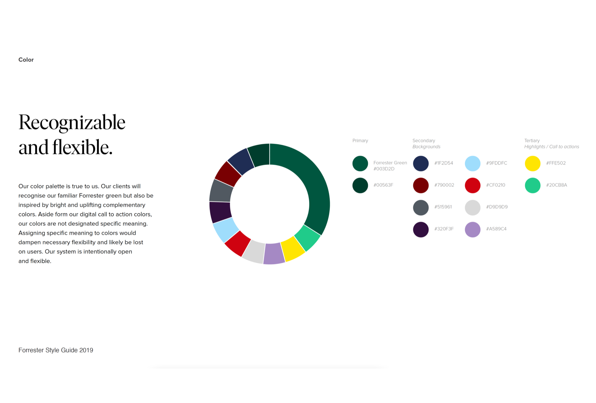 Forrester color palette — Forrester Green primary, rich secondary palette, flexible tertiary highlights