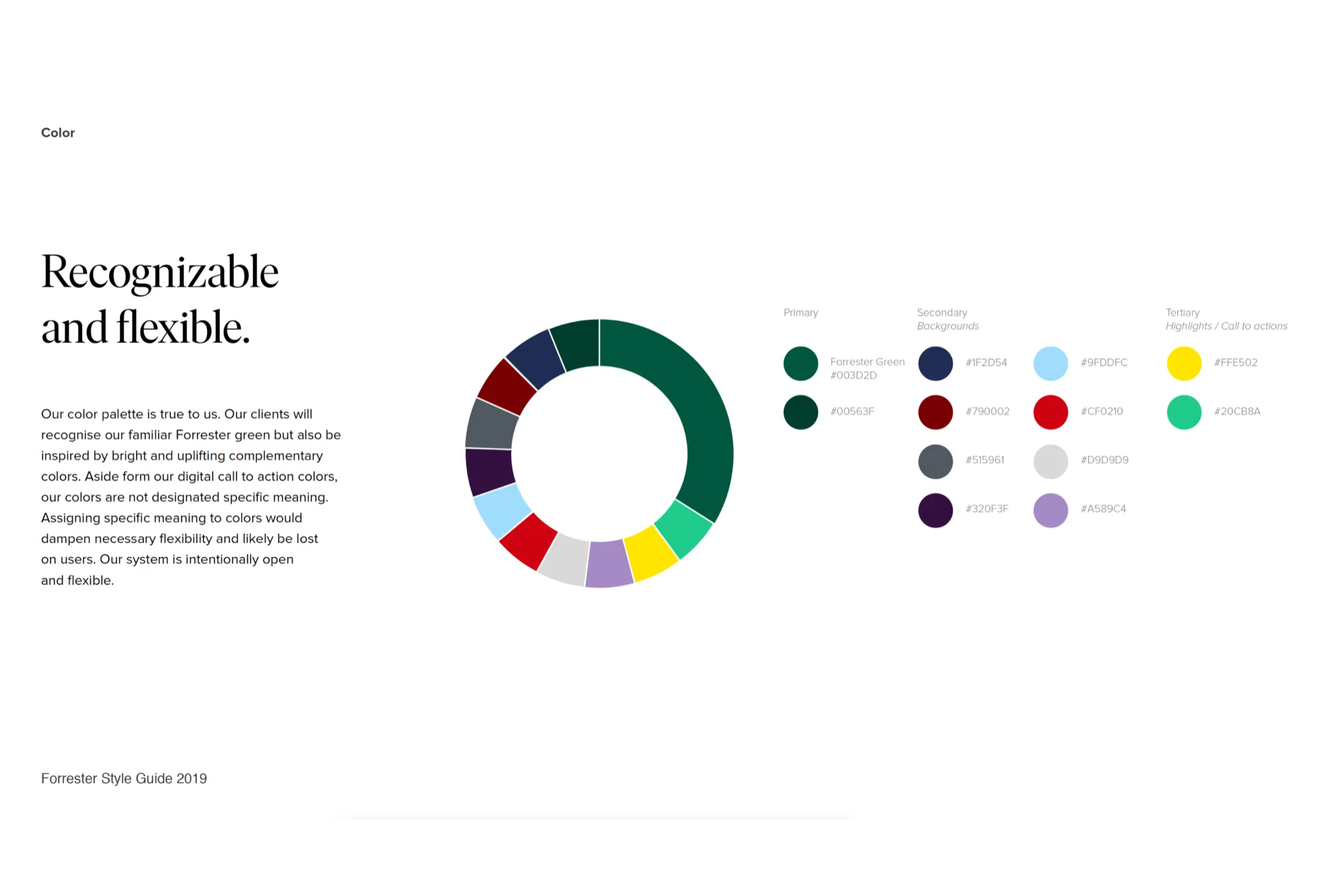 Forrester Research color system tokens covering primary, vertical accent, and editorial palettes