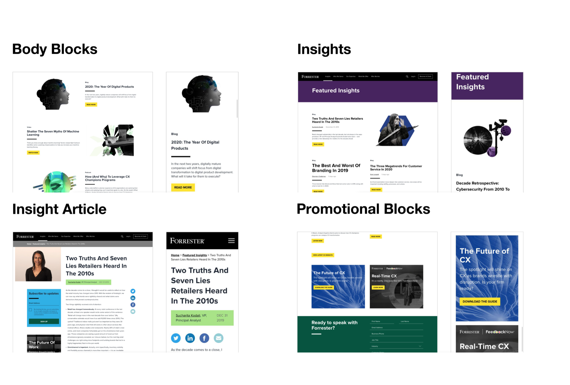 Forrester final design components — body blocks, insights, insight articles, and promotional blocks shown at desktop and mobile breakpoints