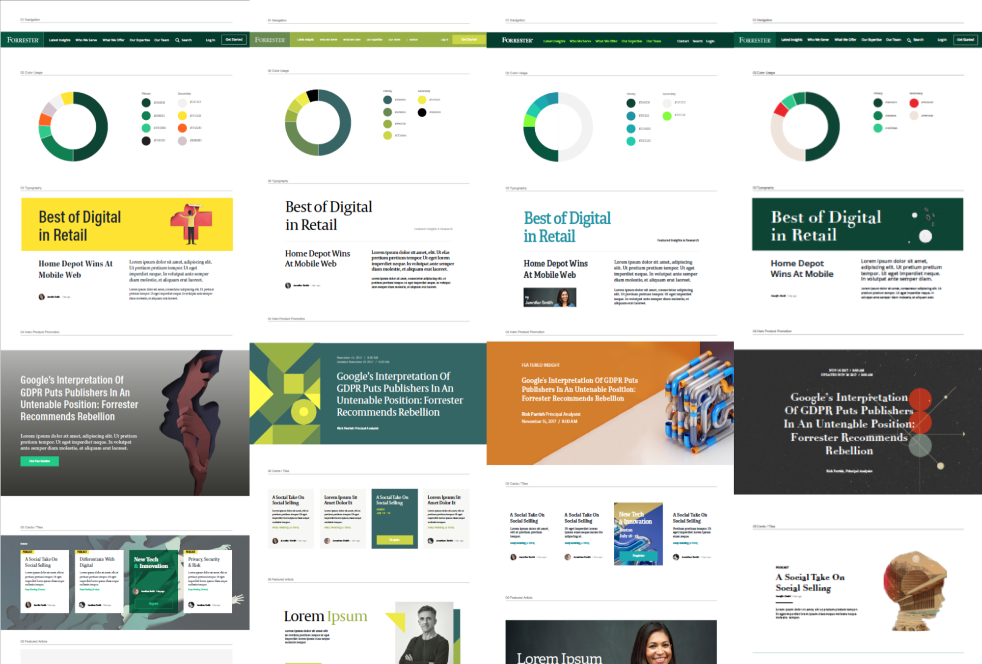 Multiple design concept directions — homepage variations exploring typography, color, and layout for go.forrester.com