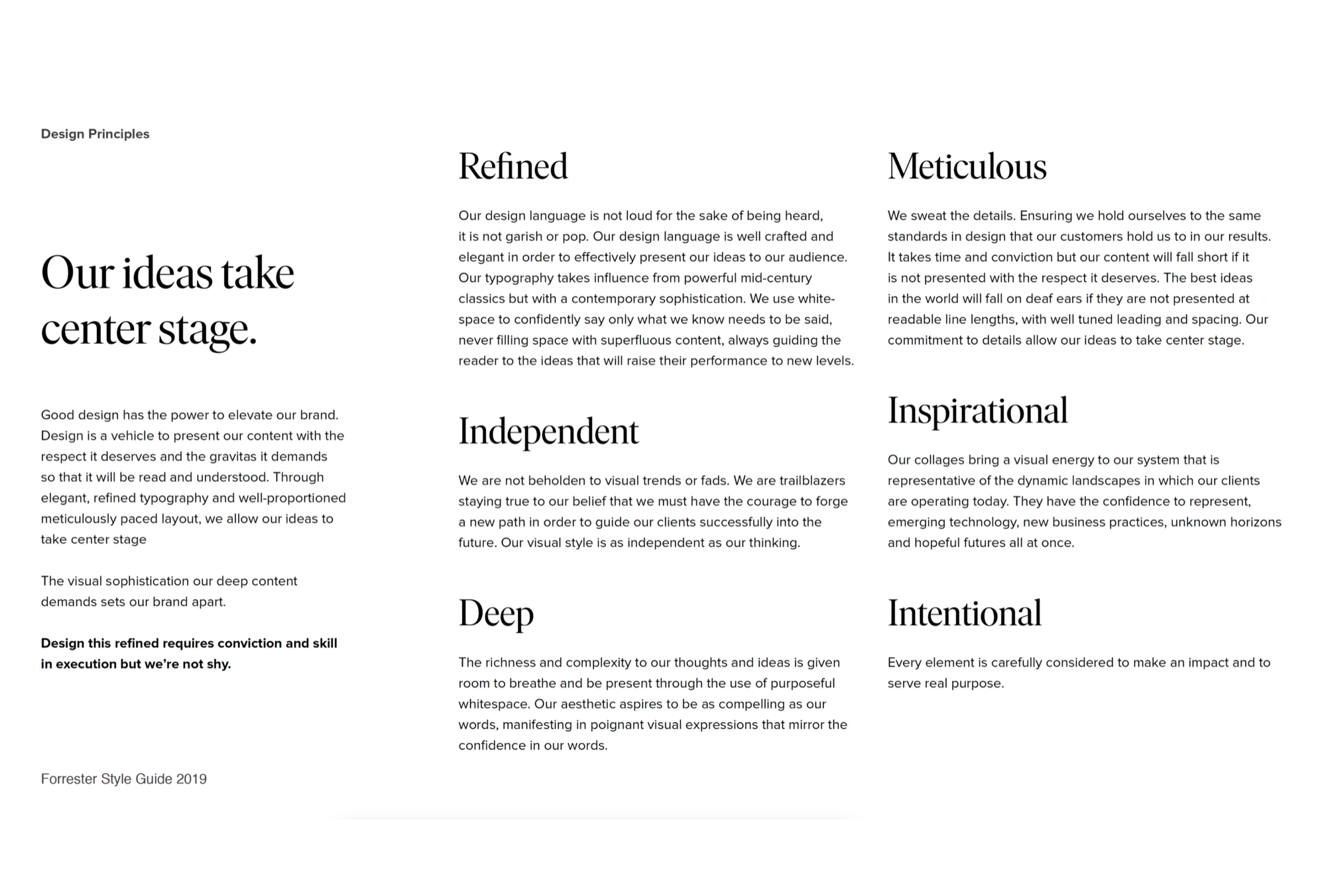 Forrester design principles — six principles defining the visual language: Refined, Meticulous, Independent, Inspirational, Deep, Intentional