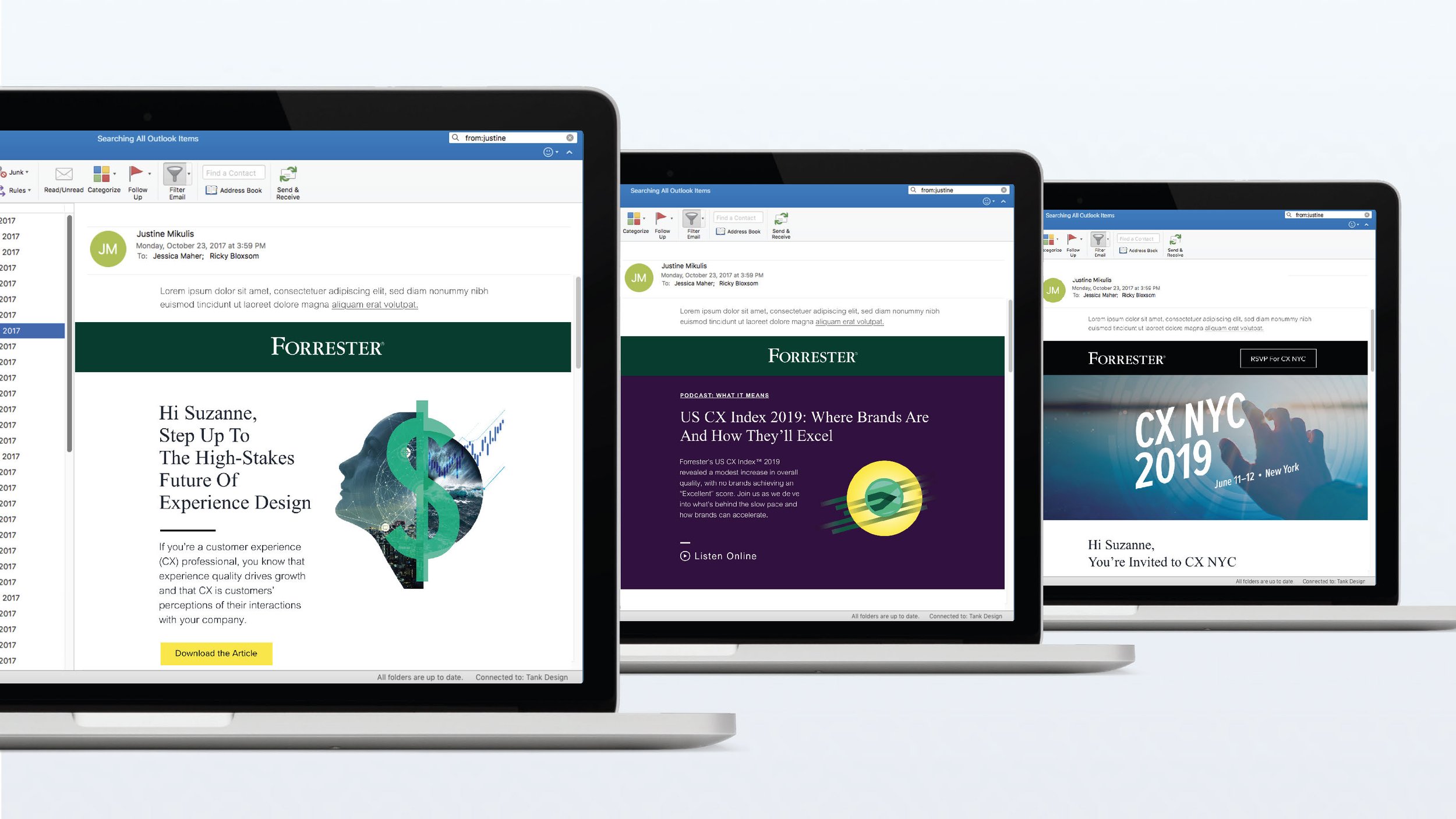 Forrester email templates — three campaign emails shown in Outlook, each using the collage illustration system and brand typography