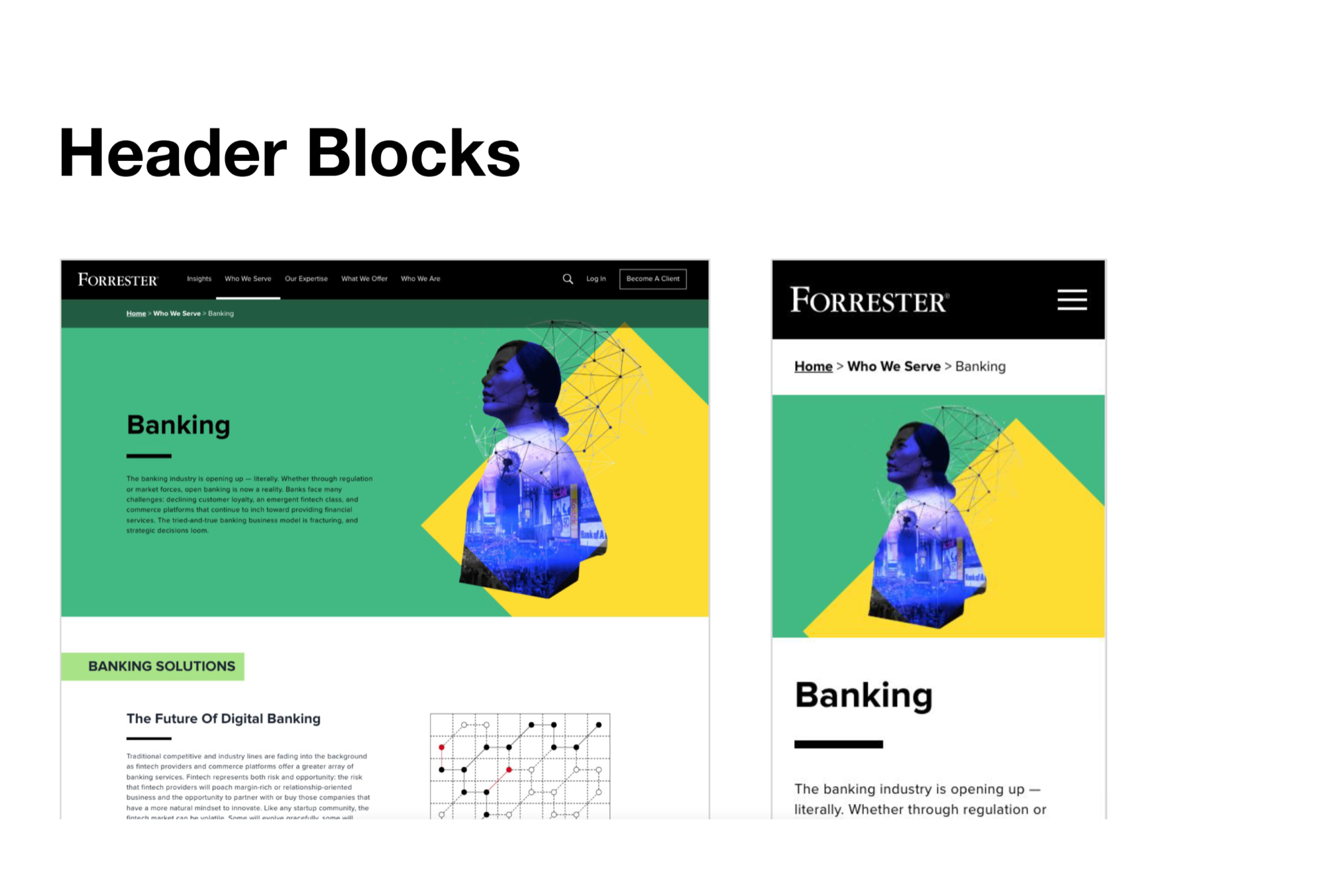 Forrester header block component — Banking vertical page showing desktop and mobile responsive design with collage hero illustration