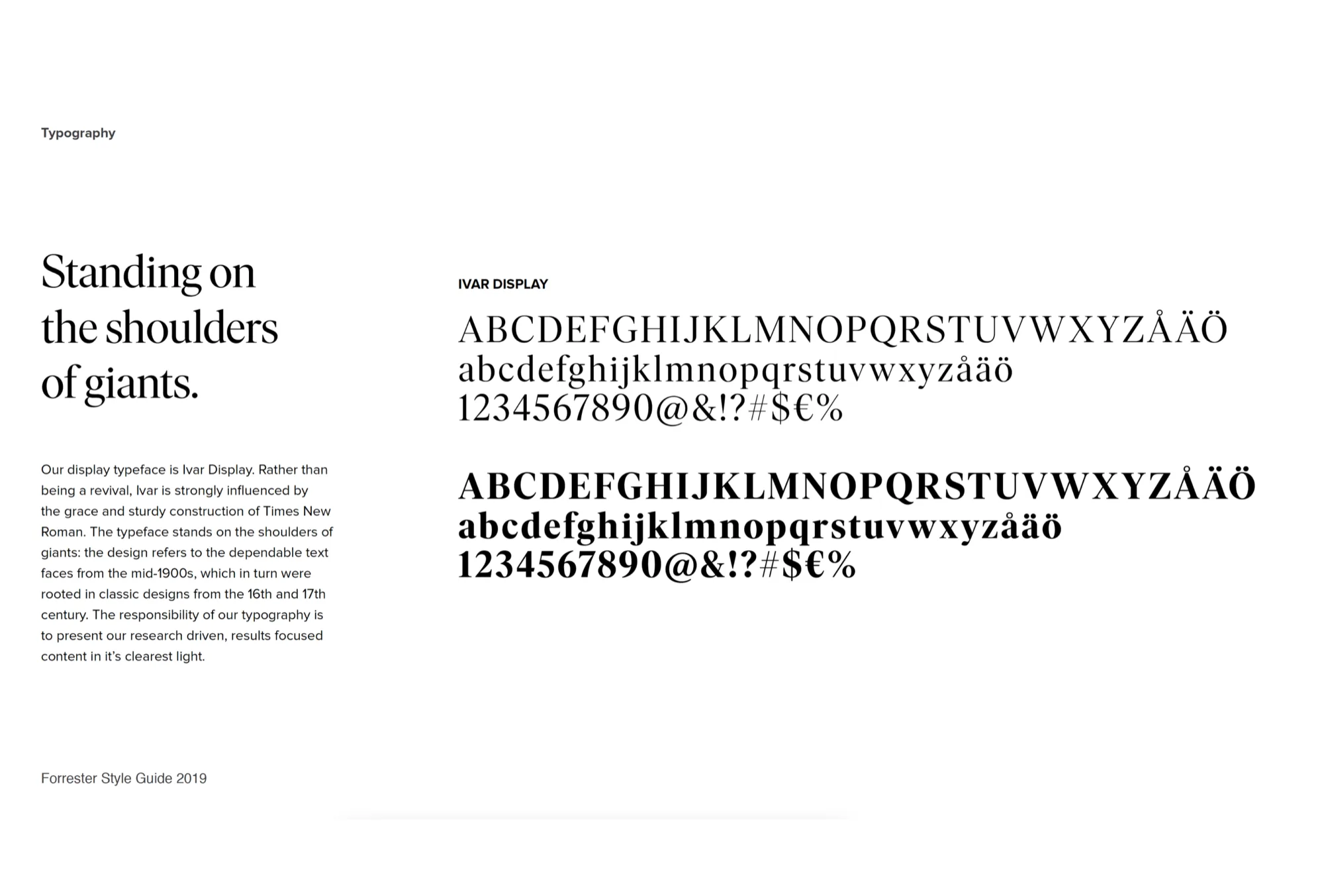 Forrester Research typography system showing display, body, and metadata hierarchy