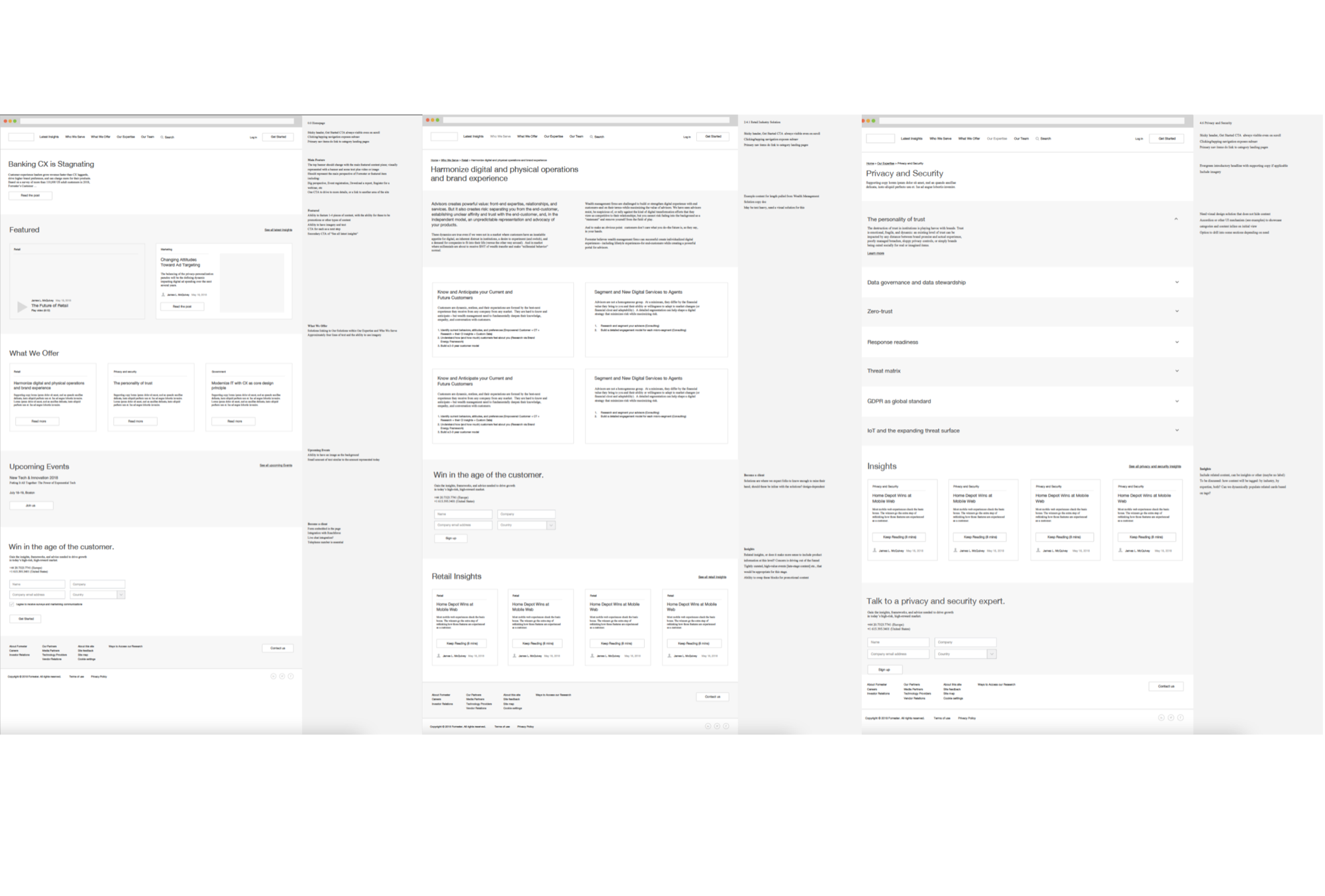 Forrester wireframe explorations — three page layouts showing content hierarchy, navigation patterns, and conversion pathways