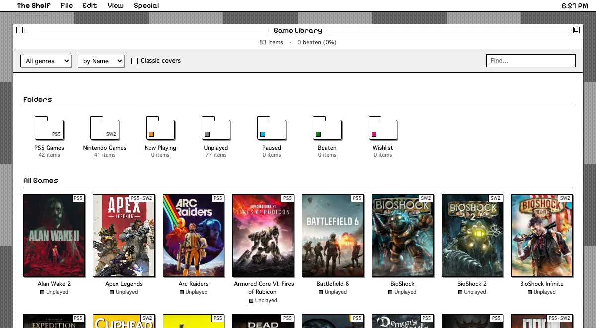 The Shelf, a classic Mac OS styled game library