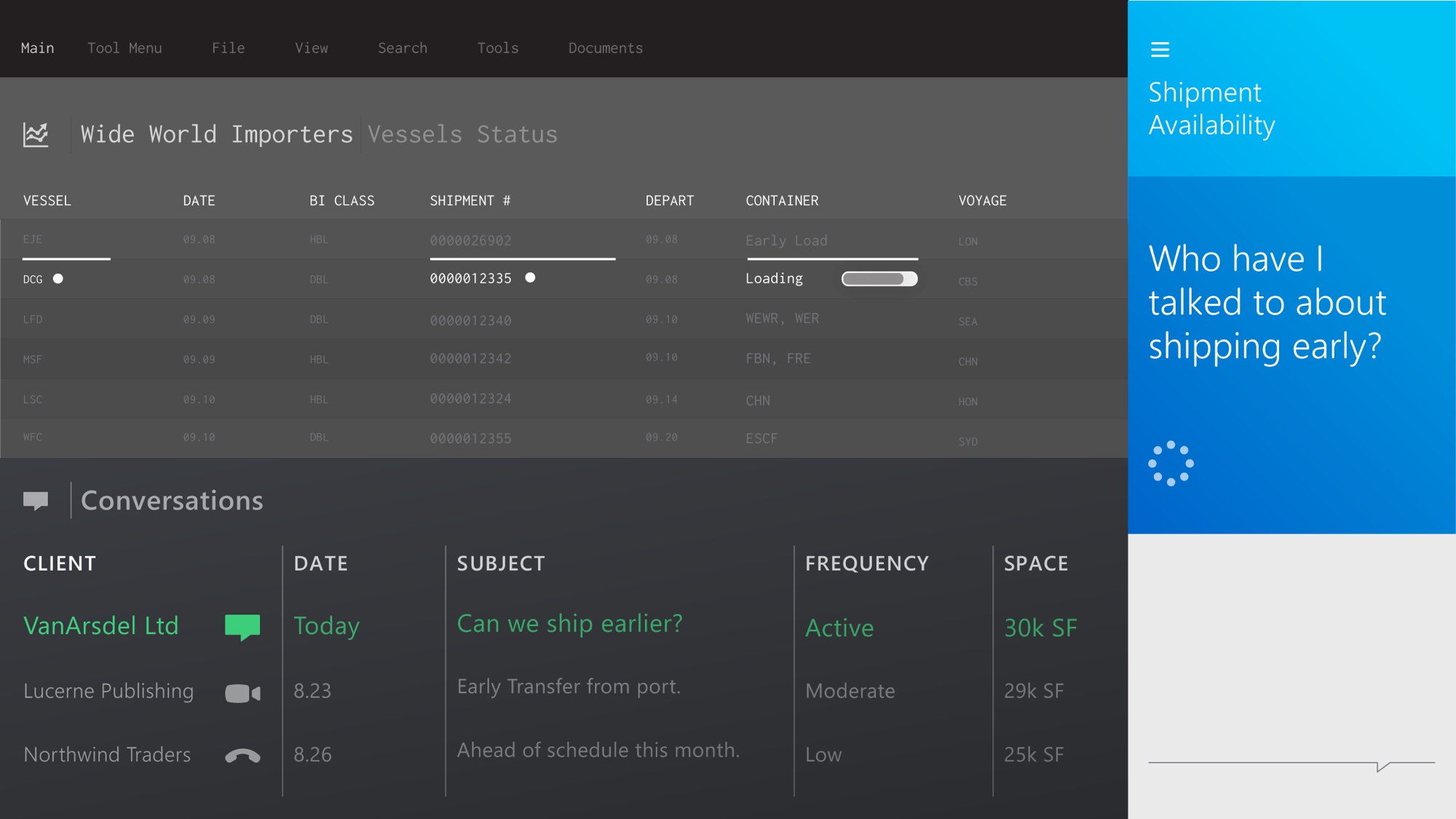 Desktop conversation detail — expanded view with file sharing, screen sharing, and meeting controls