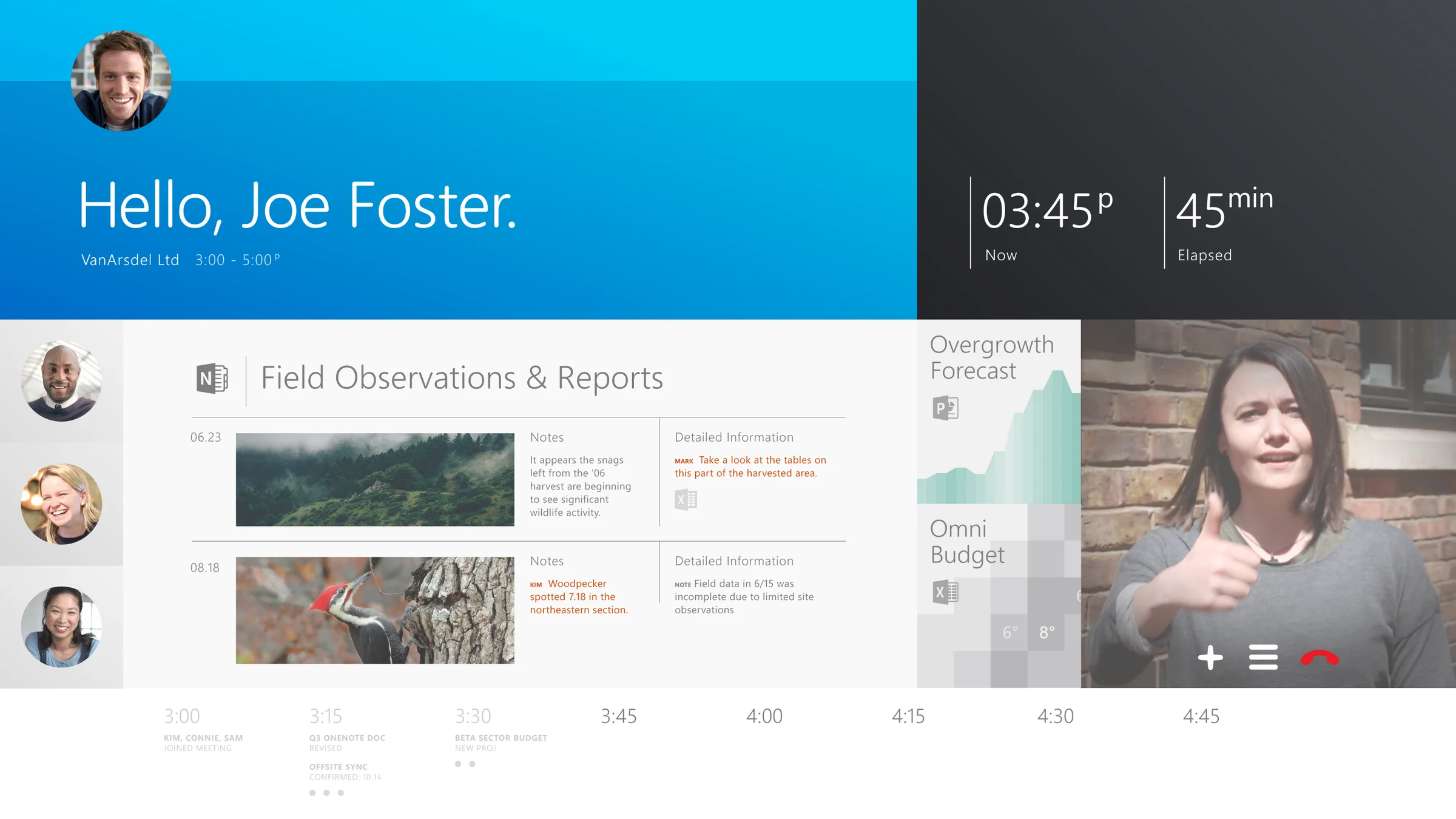 Skype for Business on a 55-inch meeting room wall display: a greeting for Joe Foster, shared field observations, a live video participant, and a meeting timeline