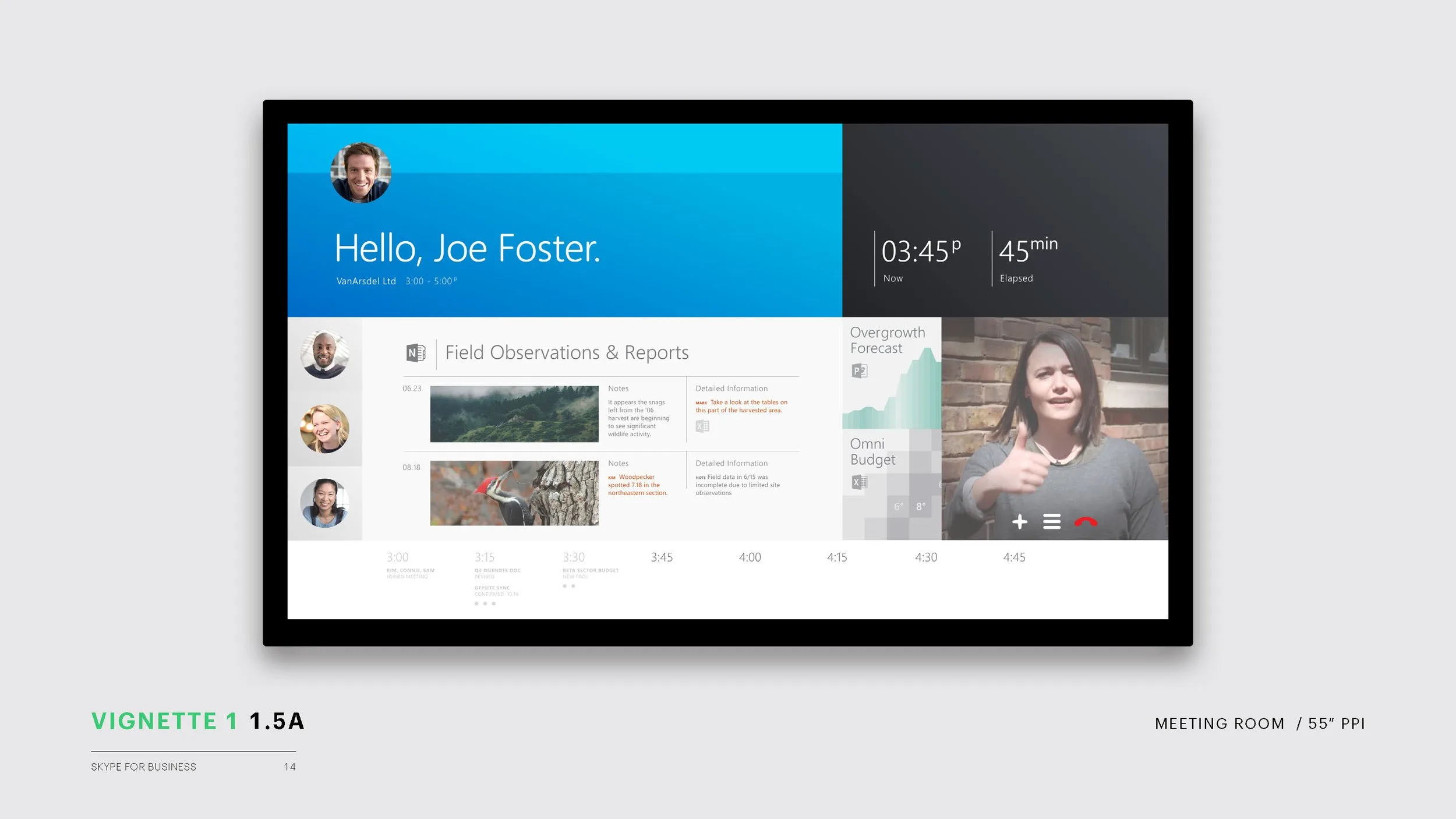 Vignette 1.5A — a 55-inch meeting room display with a Hello, Joe Foster greeting, shared OneNote field observations, video call participant, and a meeting timeline along the bottom