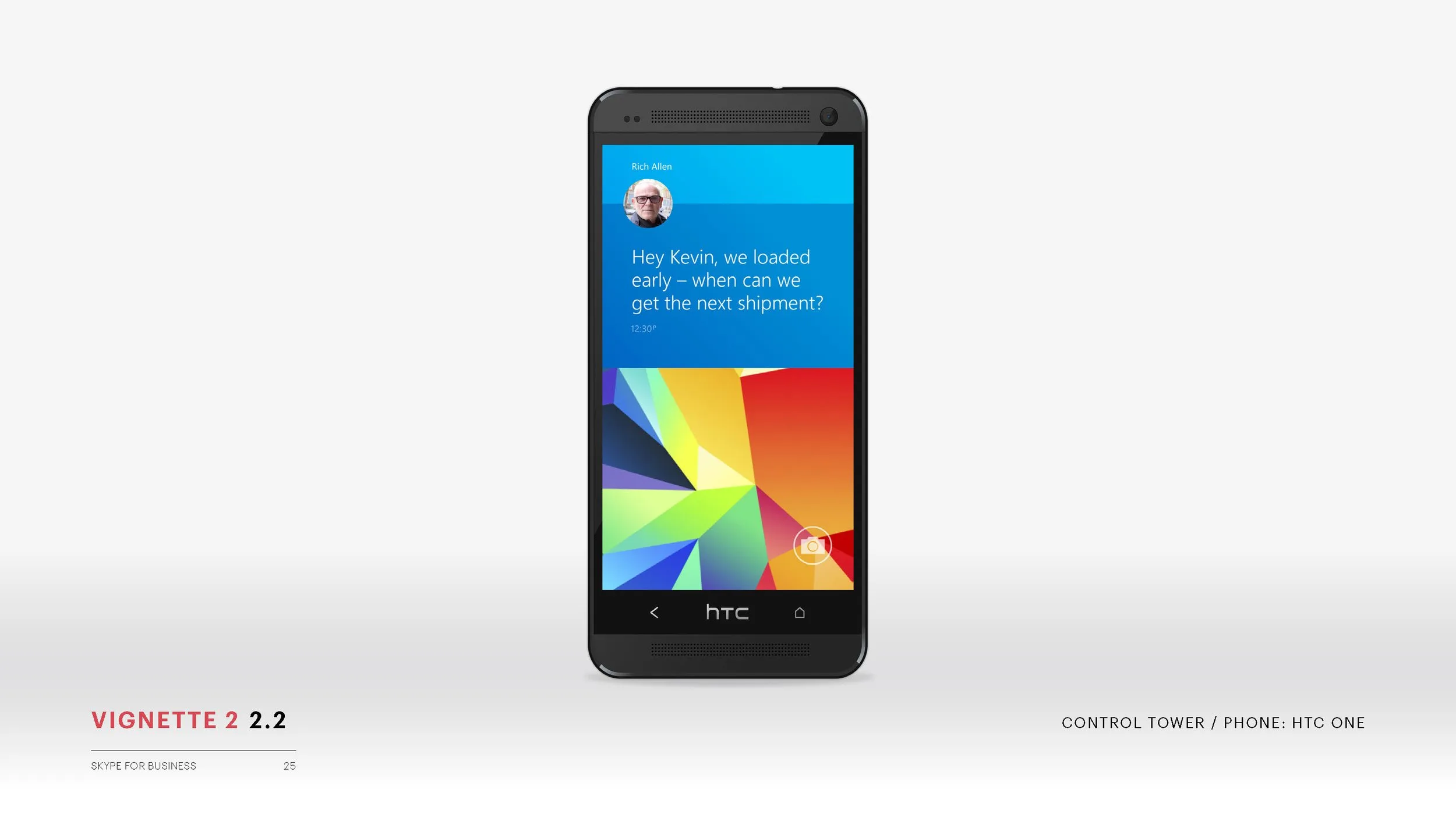 Vignette 2.2 — control tower scenario on an HTC One phone showing an inbound message from Rich Allen with a triangulated photo attachment