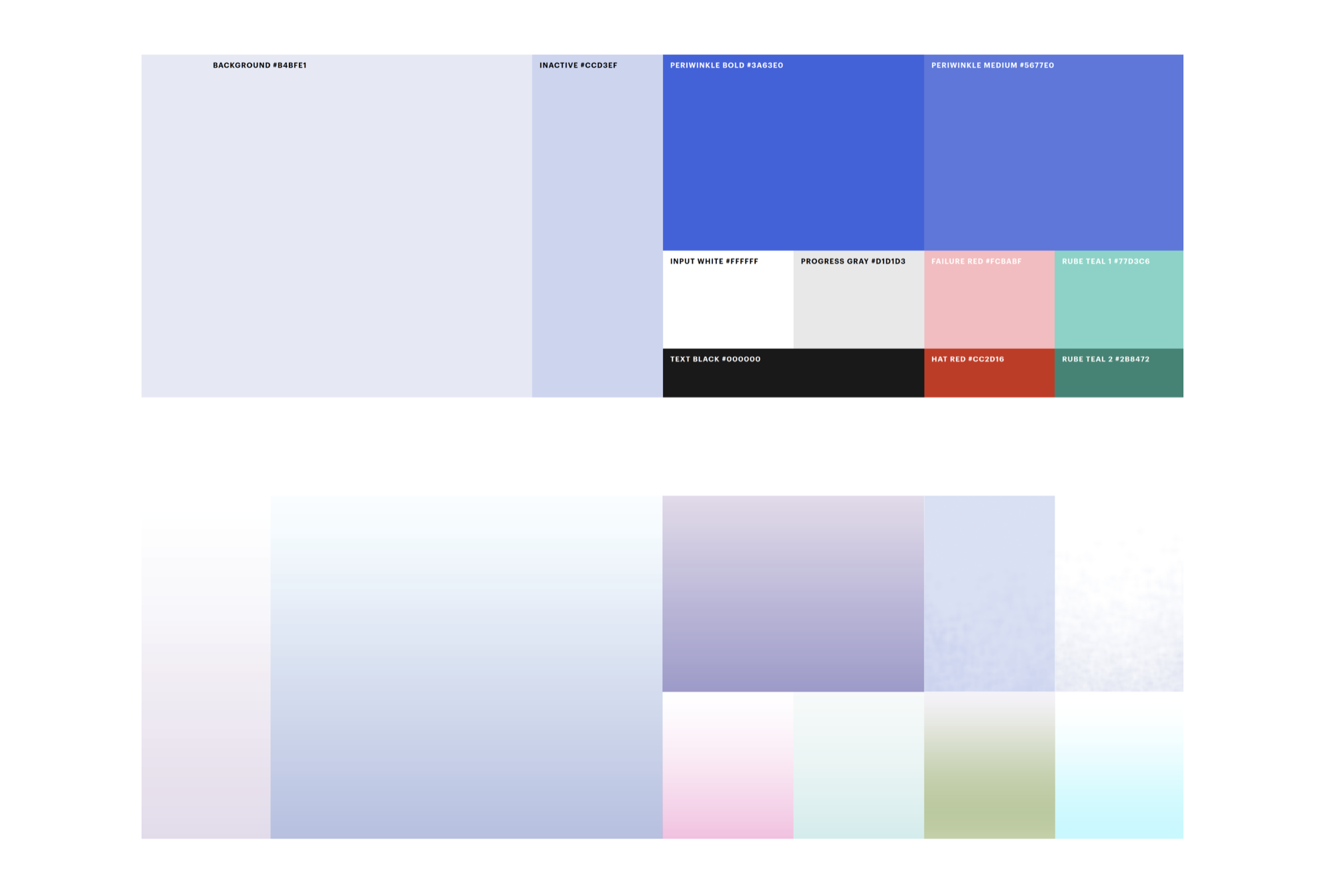 Color system — periwinkle, background, inactive, progress gray, failure red, and gradient textures
