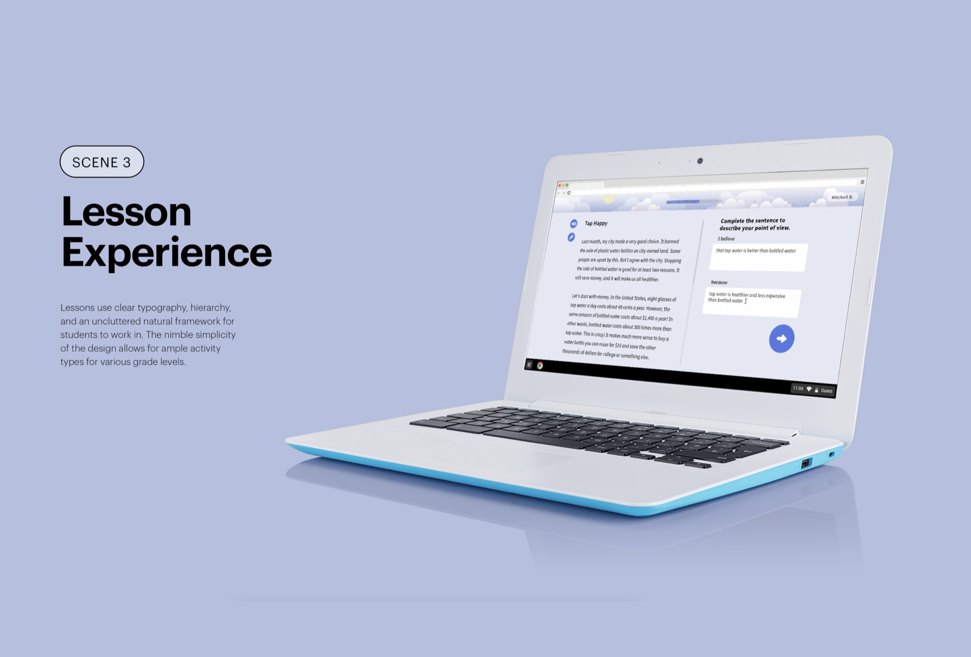 Lesson experience — clean reading interface with clear typography hierarchy and natural framework