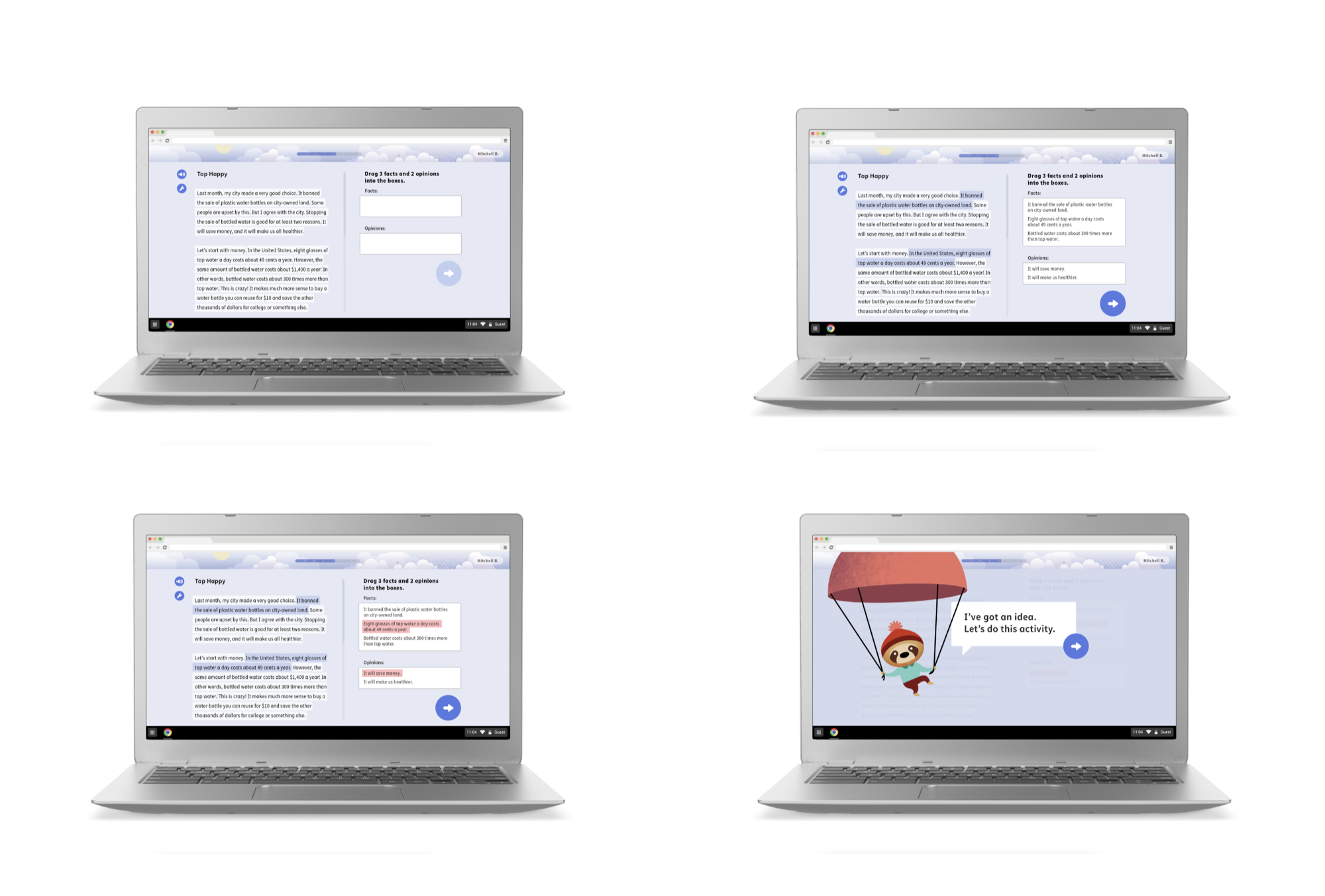Four lesson interaction states — reading, highlighting, character prompt, and activity transition