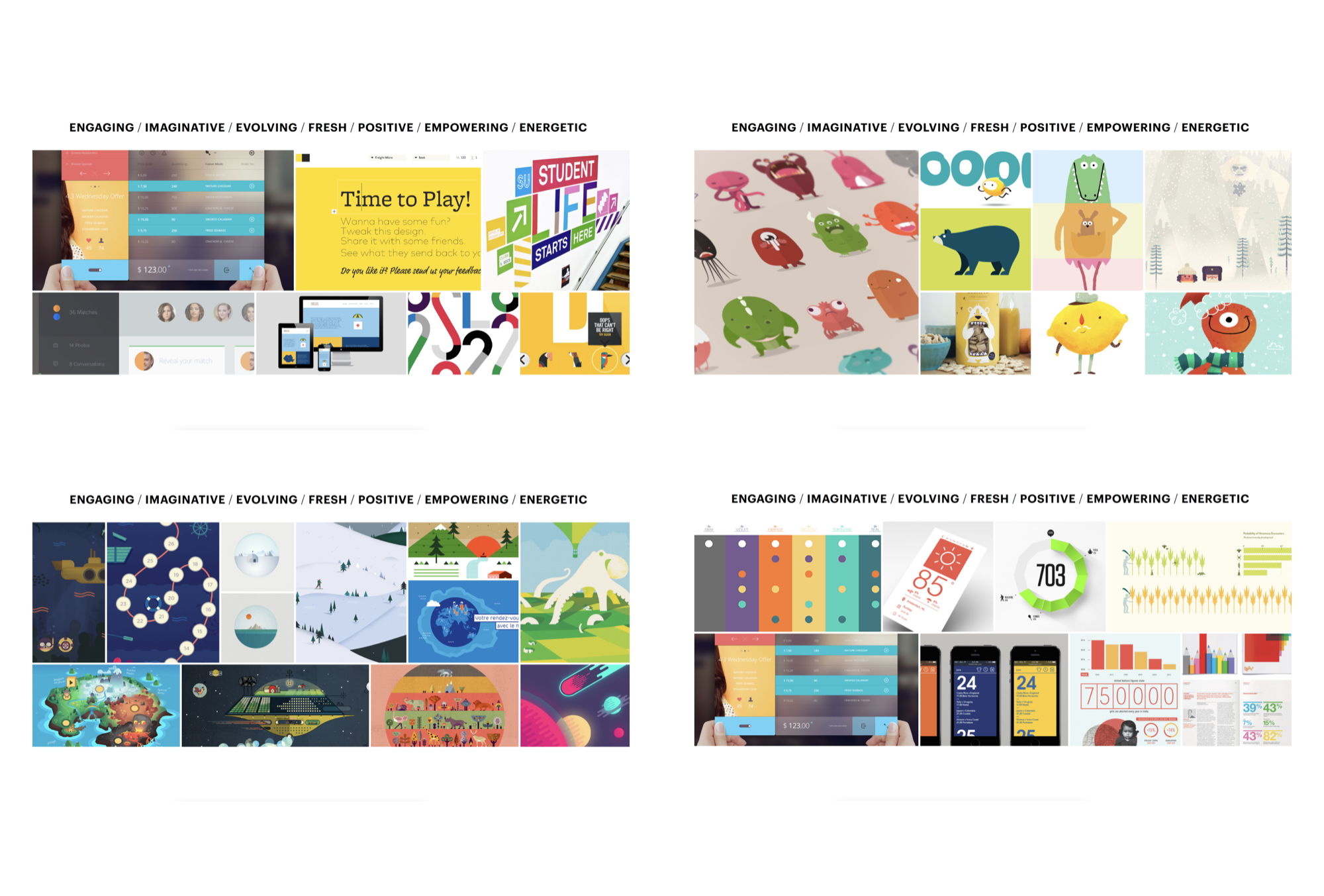 Four mood board directions exploring visual tone — engaging, imaginative, evolving, fresh, positive, empowering, energetic