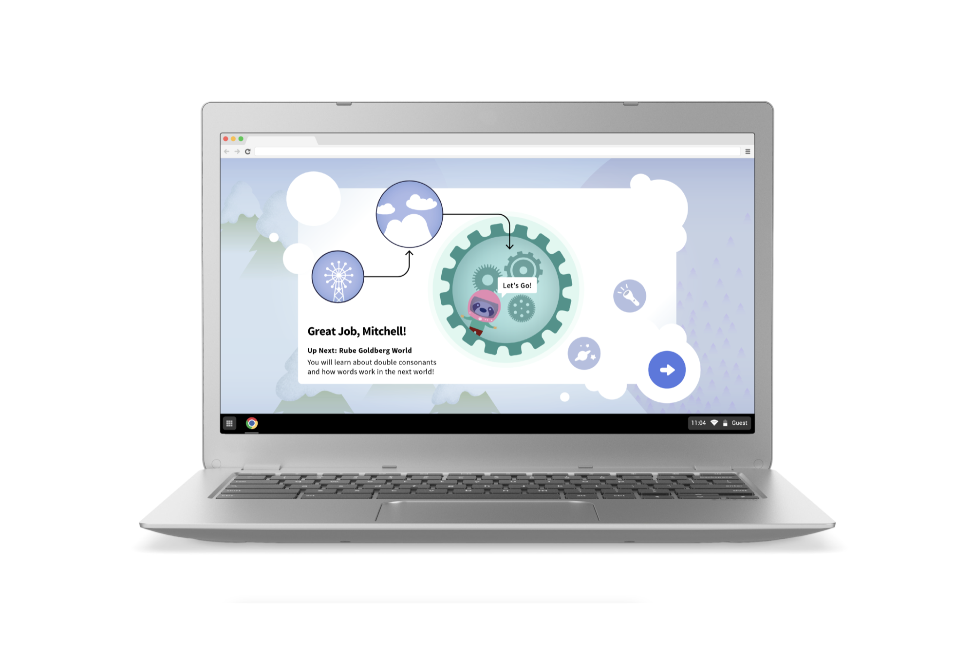 Portal map screen showing student progress across worlds with completed and upcoming levels