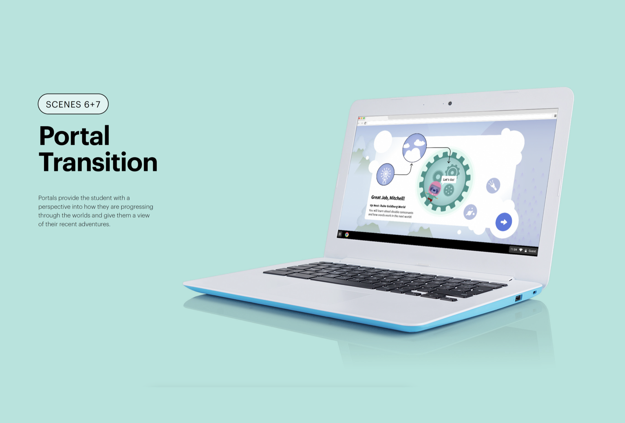 Portal transition — animated map showing student progress between worlds
