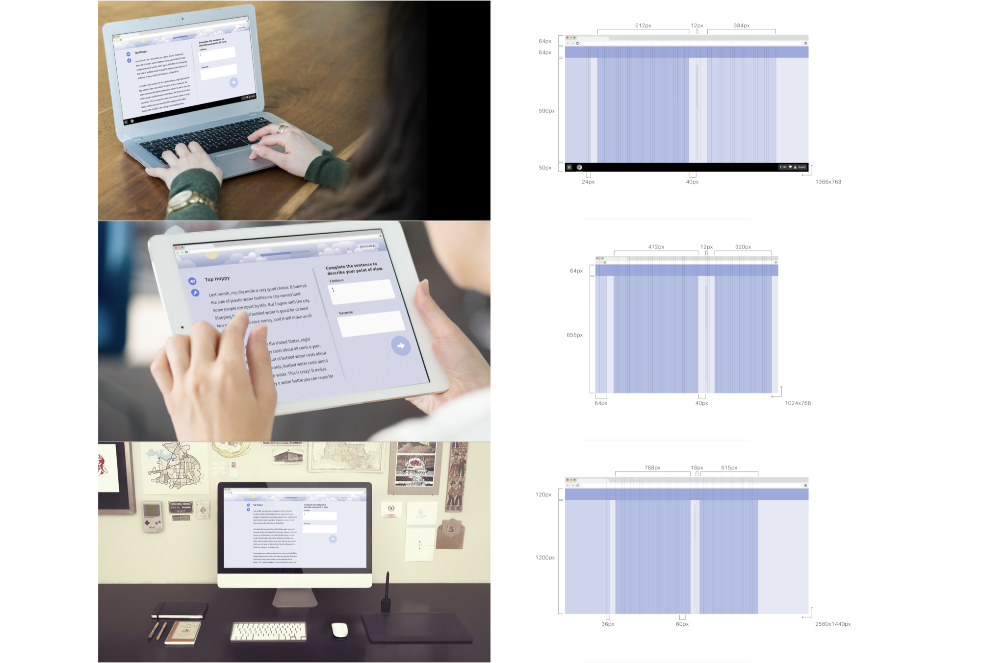 Responsive design across devices — laptop, tablet, and desktop with corresponding grid breakpoints