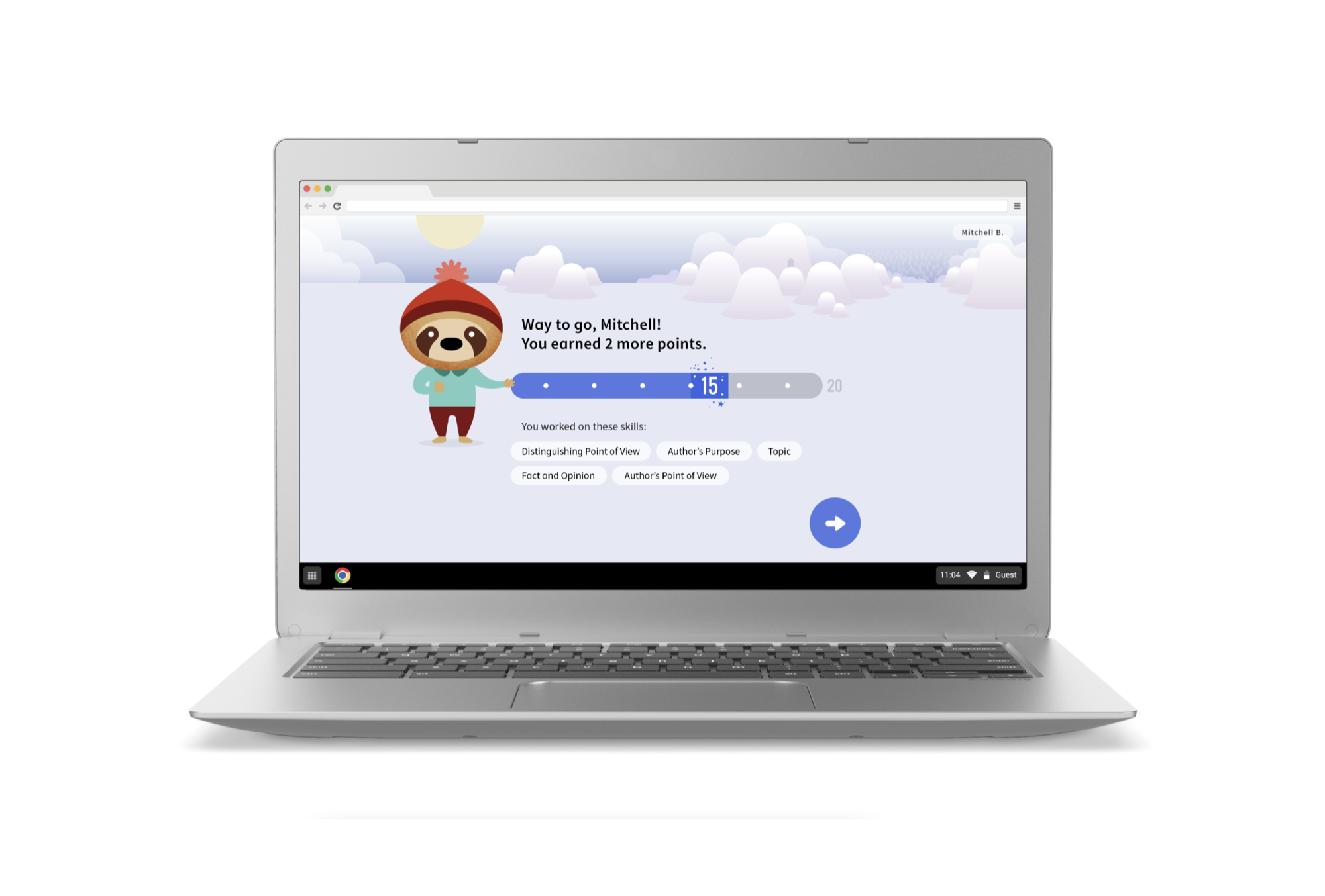 Reward screen — personalized message showing points earned and skills practiced
