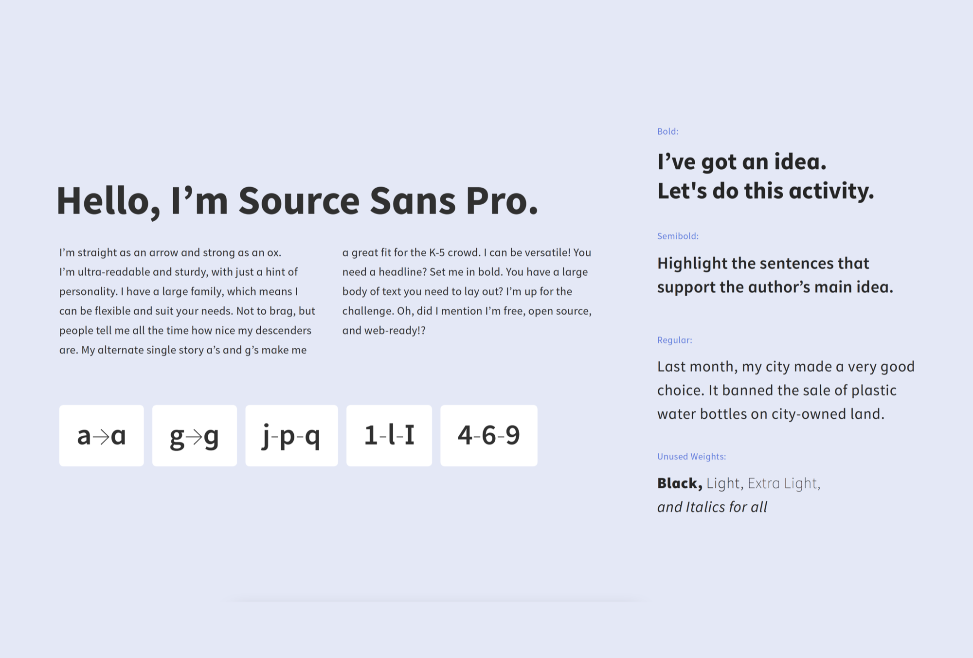 Source Sans Pro typography system — body text, headings, and reading passages