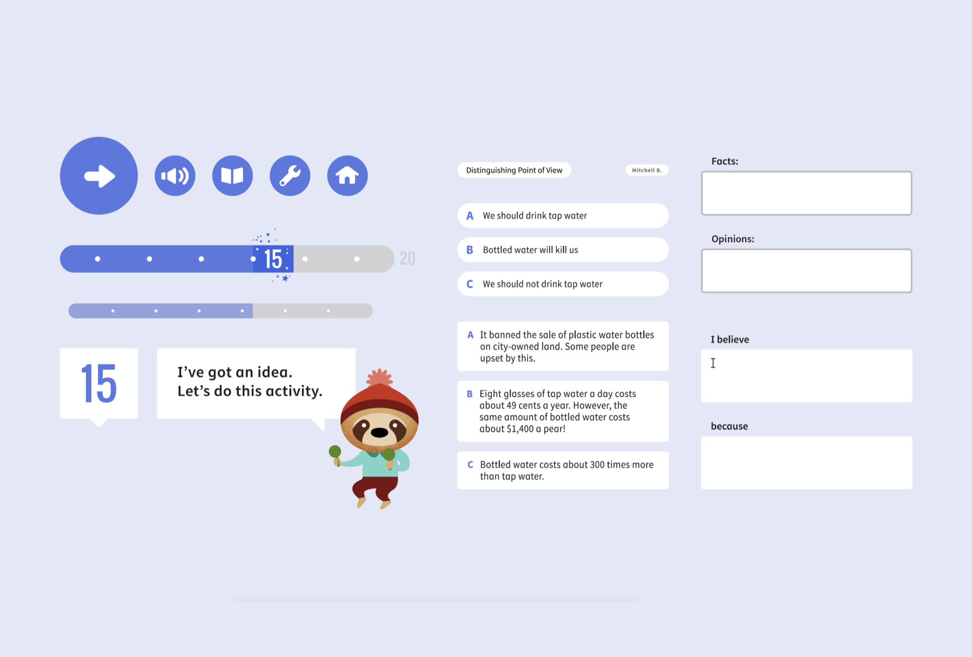 UI component breakdown — navigation icons, progress bar, lesson activity layout, and character integration